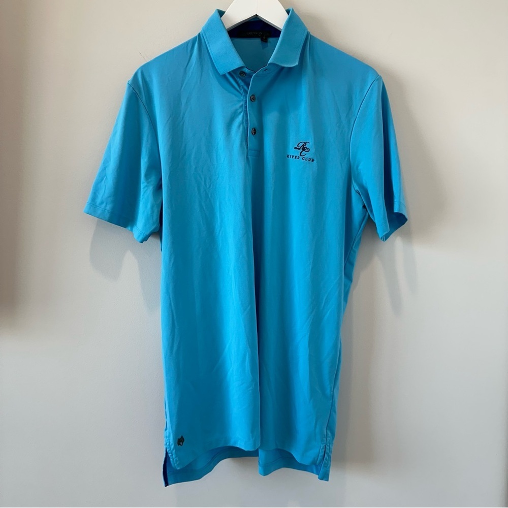 Greyson Golf Polo Short Sleeve Shirt River Club Atlanta Blue Mens Size Medium - Picture 2 of 13